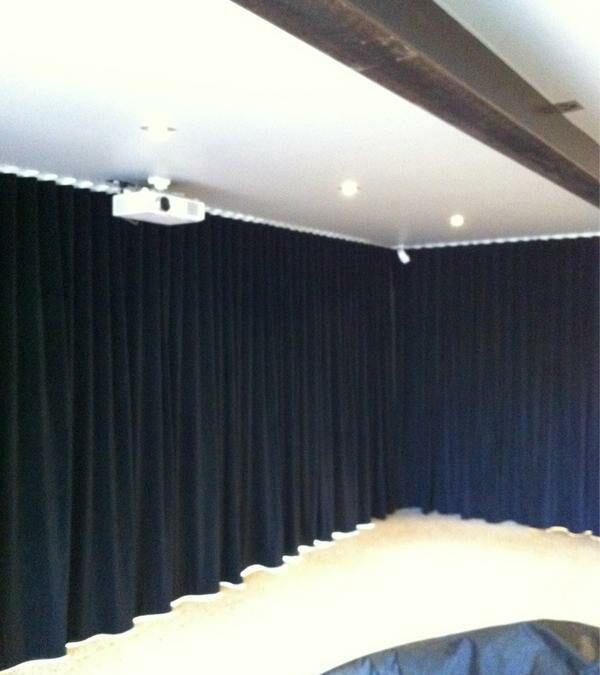 Curtains for theatre room in Mullumbimby near Byron Bay using black Velveteen fabric & Silent Gliss wave fold curtain track